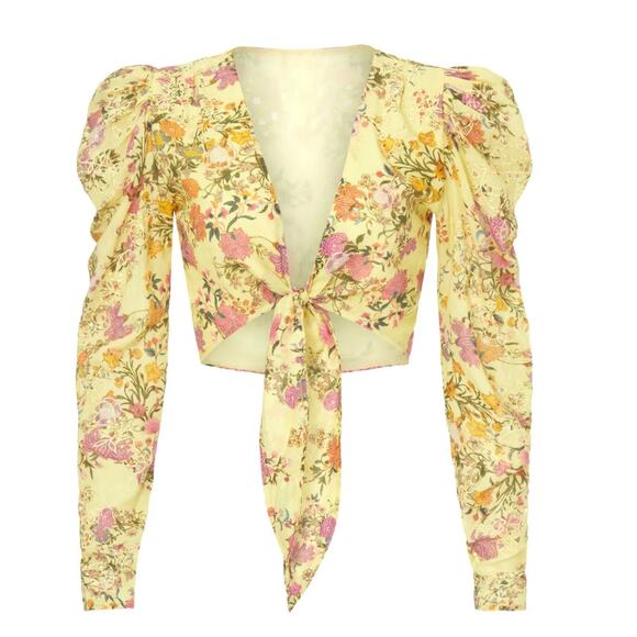 Hemant and Nandita Yellow Floral Crop Top XS Hippie Gypsy Plunging Princess $238 - Picture 3 of 11